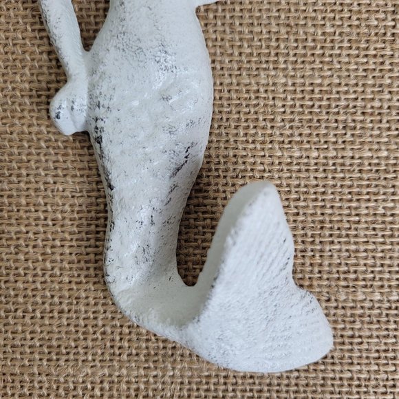 Distressed White Mermaid Hook Cast Iron Coastal Decor - Picture 10 of 13
